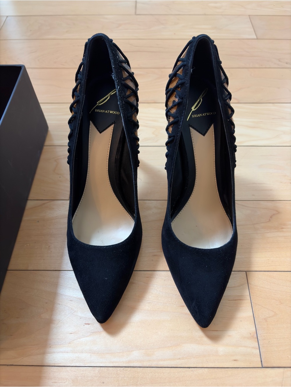 Brian Atwood Black Suede Lattice-Side Pointed Pumps